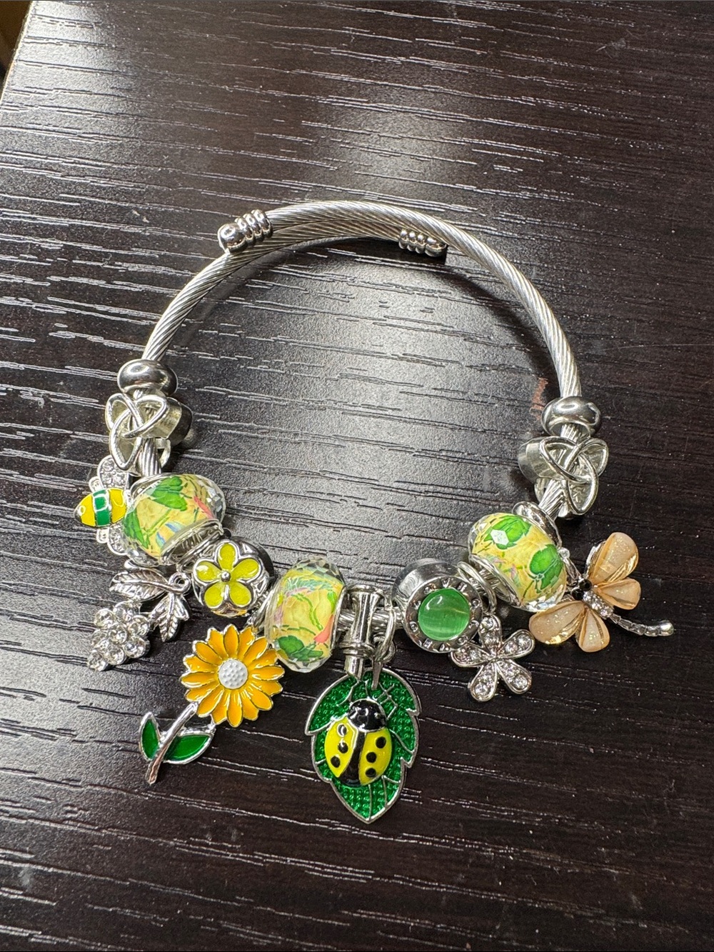 Silver-Tone Green & Yellow Floral Charm Bracelet